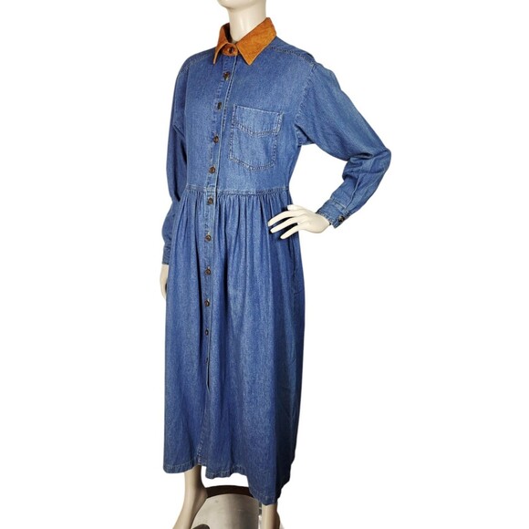 Vintage Dresses & Skirts - VTG 90s Moda Intl Denim Boho Western Fall Cottage Modest Prairie Dress Size 6